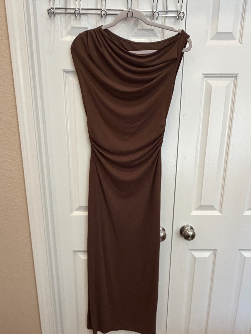 Commense Brown One-Shoulder Draped Maxi Dress